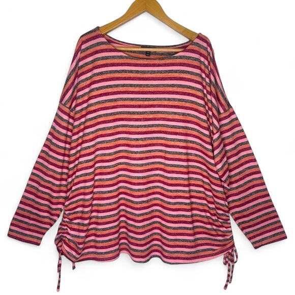 Lane Bryant Women's Boatneck Tee With Side Drawstring 26/28 Gray Pink Stripe - Picture 2 of 13